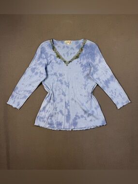 Y2K Vintage b. friends Deadstock Light Blue Tie-Dye V-Neck Fairycore Top, Medium